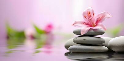 en lugn zen trädgård, fokusera på en stack av spa massage stenar delikat balanserad med rosa lilja blommor smyckande dem. ai genererad foto