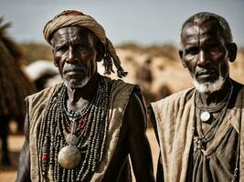 Foto av afrikansk gammal människor stam- krigare med rustning, generativ ai