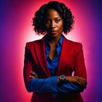 Foto av smart afrikansk kvinna med företag kostym på neon mxied röd och blå ljus sci fi bakgrund, generativ ai