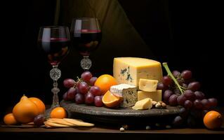 vin, ostar och vindruvor i en årgång uppstart. skapas med generativ ai foto