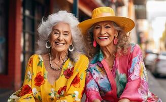 tre senior medborgare mogna kvinnor vänner utanför bär färgrik och roligt mode i de stad tillsammans. ai genererad foto