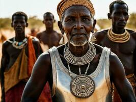 Foto av afrikansk gammal människor stam- krigare med rustning, generativ ai