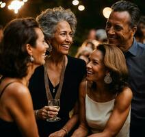 grupp av Lycklig mitten åldrig gammal kvinna på de natt fest, generativ ai foto