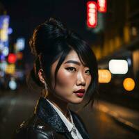 Foto av asiatisk kvinna på gata natt med ljus, generativ ai