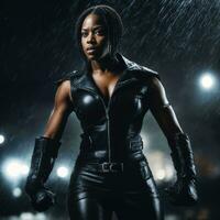Foto av stark afrikansk kvinna med svart läder kostym i tung regn natt, generativ ai