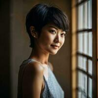 Foto av skön japansk asiatisk kvinna med kort hår, generativ ai
