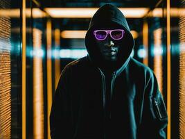 Foto av svart man i svart luvtröja i server data Centrum rum med neon ljus, generativ ai