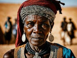 Foto av afrikansk gammal människor stam- krigare med rustning, generativ ai