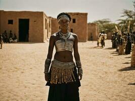 Foto av afrikansk kvinna stam- krigare med rustning, generativ ai