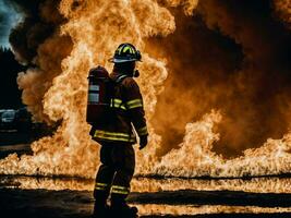 Foto av brandman med stor brand moln och rök i bakgrund, generativ ai