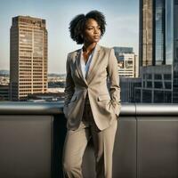 Foto av smart afrikansk kvinna med svart företag kostym på stor modern stad, generativ ai