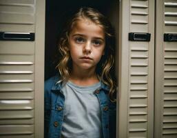 Foto av skrämmande flicka unge i skåp rum, generativ ai