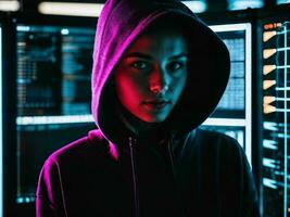 Foto av kvinna i svart luvtröja i server data Centrum rum med neon ljus, generativ ai