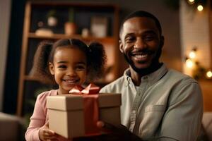 kärleksfull svart liten flicka ger gåva till henne pappa, fars dag begrepp generativ ai foto