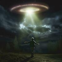 en man utseende på en UFO i de himmel. de man sträckt ut hans händer och utseende på de flygande utomjording fartyg. foto