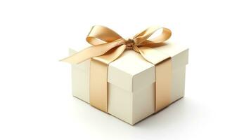 gåva låda med skön rosett. souvenir vit låda bunden med en gyllene band på en vit bakgrund foto
