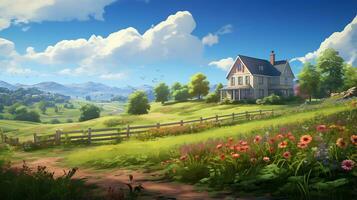 ett idyllisk lantlig landskap med en charm bondgård foto