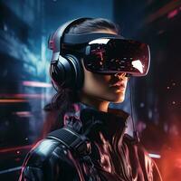 illustration av en person bär en virtuell verklighet vr headset, ai genererad. foto