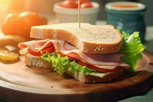 närbild smörgås bologna sås med tomat skiva, sallad , bröd, skivad kött ai generativ bild foto