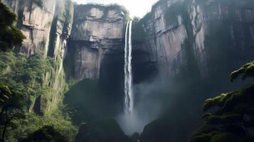 ängel falls de världens högsta vattenfall, ängel faller, som den kaskader ner de tepui klippor omgiven förbi frodig regnskog, highlighting de ren höjd och naturlig skönhet ai generativ foto