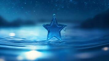 blå vatten släppa av stjärna på vatten yta, starry bakgrund, dröm hoppas begrepp ai genererad foto