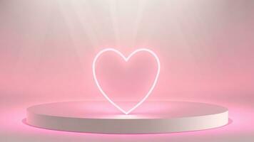 rosa neon ljus i hjärta form, rosa podium bakgrund, 3d framställa ai genererad foto