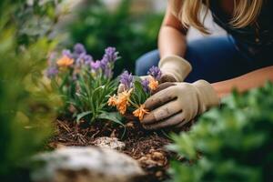 fotografera av en kvinna i trädgård handskar plantering blommor till växa blommor i henne trädgård. generativ ai foto