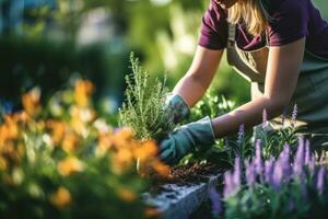 fotografera av en kvinna i trädgård handskar plantering blommor till växa blommor i henne trädgård. generativ ai foto