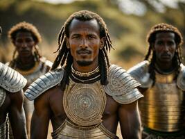 Foto av afrikansk man stam- krigare med rustning, generativ ai