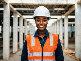 Foto av afrikansk svart kvinna som en konstruktion arbetstagare med hjälm, generativ ai