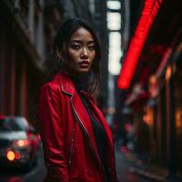 Foto av kvinna i röd trasa på gata natt med ljus, generativ ai