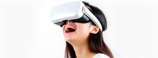 illustration av en person bär en virtuell verklighet vr headset, ai genererad. foto