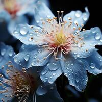 stänga upp av blå blommor med droppar av vatten på mörk bakgrund. skön makro Foto. färgrik blommor. generativ ai foto