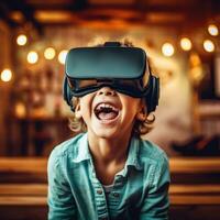 illustration av en person bär en virtuell verklighet vr headset, ai genererad. foto