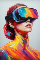 illustration av en mode porträtt bär en virtuell verklighet vr headset.,, ai genererad. foto