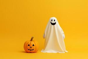 Lycklig halloween, söt liten unge i spöke kostym på isolerat bakgrund. generativ ai foto
