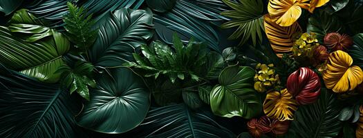växter och löv av de Amazon vegetation. vertikal trädgård med tropisk grön blad kontrast.tropisk design - eco och tropisk löv i vibrerande toner. generativ ai, foto