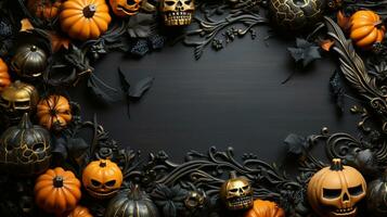 härlig halloween bakgrund med pumpor, fladdermöss, spindlar och lila höst löv och Plats för text. generativ ai, foto