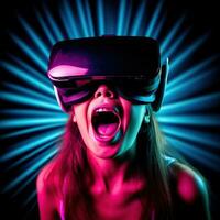 illustration av en person bär en virtuell verklighet vr headset, ai genererad. foto