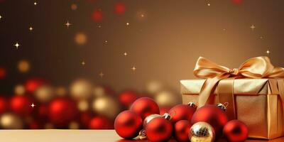 jul bakgrund med gåva låda och guld bollar . ai genererad foto