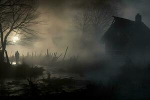 rök och dimma i de mörker bakgrund, defocused och abstrakt halloween bakgrund. generativ ai foto
