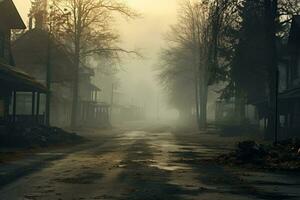 tömma upplyst spöke stad gata lampor belysning upp de väg genom de träd och by i en dimma på en regnig höst dag, gata lyktor. engelsk landsbygden scener. generativ ai foto