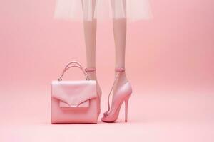 plast leksak ben med hög hälar och liten väska på pastell rosa bakgrund. minimal konst rosa affisch. generativ ai foto