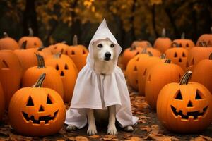 hund bär en spöke kostym Sammanträde mellan pumpor för halloween i höst bakgrund. generativ ai foto