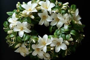 krans av jasmin, blommor vackert tillverkad, populär i söder Indien som ett prydnad för flickor och kvinnor. foto