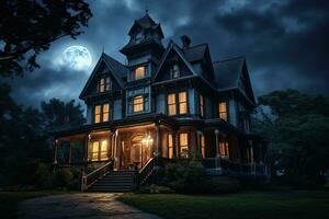 läskigt victorian hus designad för halloween i de förenad stater. halloween bakgrund. generativ ai foto