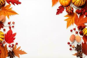 höst sammansättning. rönn bär, torkades löv, pumpor, och blommor på vit bakgrund. höst, falla, halloween, tacksägelse dag begrepp. se från de topp, med text Plats. generativ ai foto