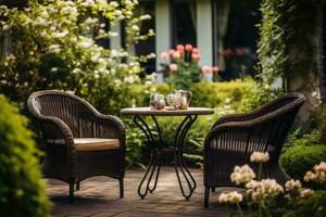 korg- stolar och en metall tabell i ett utomhus- sommar trädgård. foto