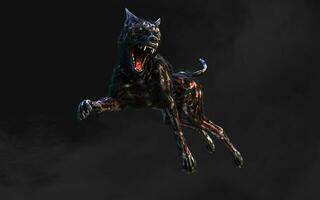 3d illustration av odöda zombie hund med klippning väg. farlig återuppväckt djur- med kuslig uttryck på mörk bakgrund. foto