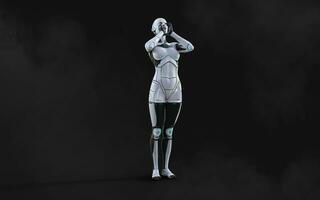 3d illustration av en kvinna ai cyborg utgör på svart bakgrund med klippning väg. ai projekt. foto